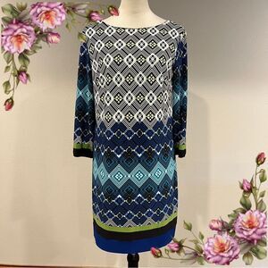 Donna Ricco Geometric Print long sleeve crew neck Dress size 10